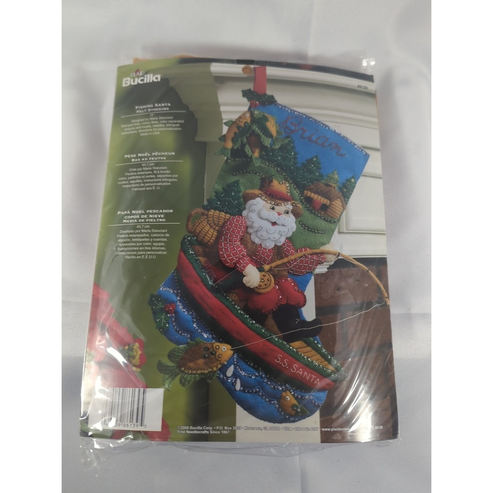 Plaid Bucilla Fishing Santa Felt Applique Christmas Stocking Kit #86139 Unused